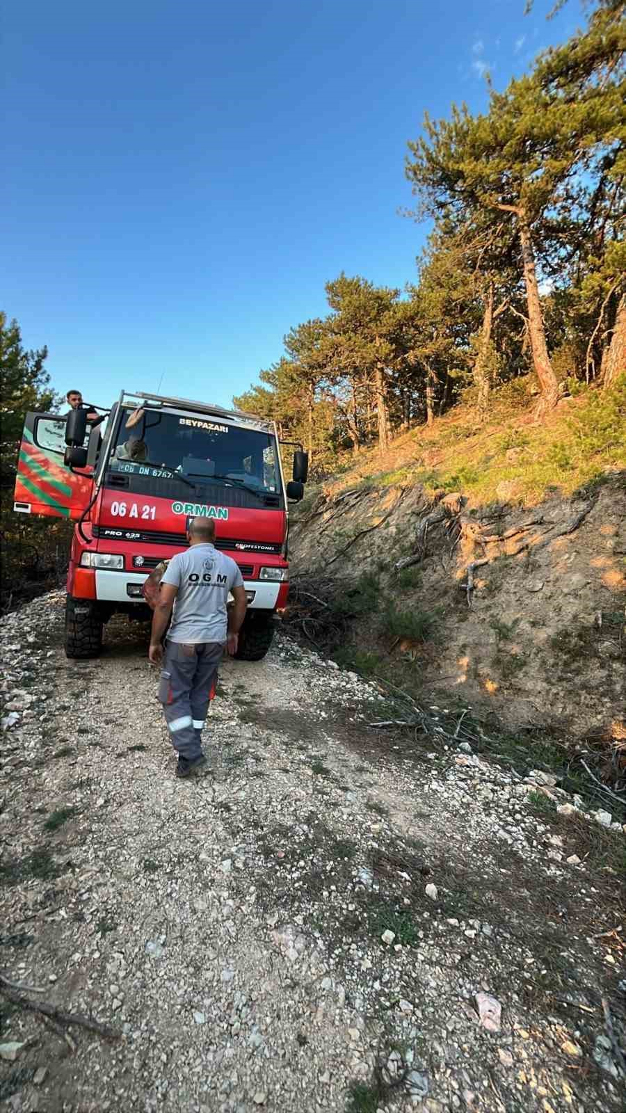 Ankara’nın Beypazarı ilçesinde ormanlık alanda çıkan yangın, itfaiye ekiplerinin müdahalesiyle