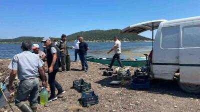 Konya’nın Beyşehir ilçesinde gölde avcıların ağlarına vuran 17 kiloluk sazan