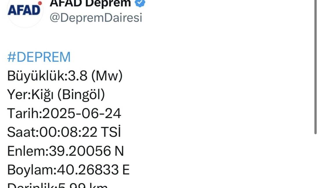 Merkez üssü Bingöl’ün Kiğı ilçesi olan 3.8 büyüklüğünde deprem meydana