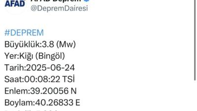 Merkez üssü Bingöl’ün Kiğı ilçesi olan 3.8 büyüklüğünde deprem meydana