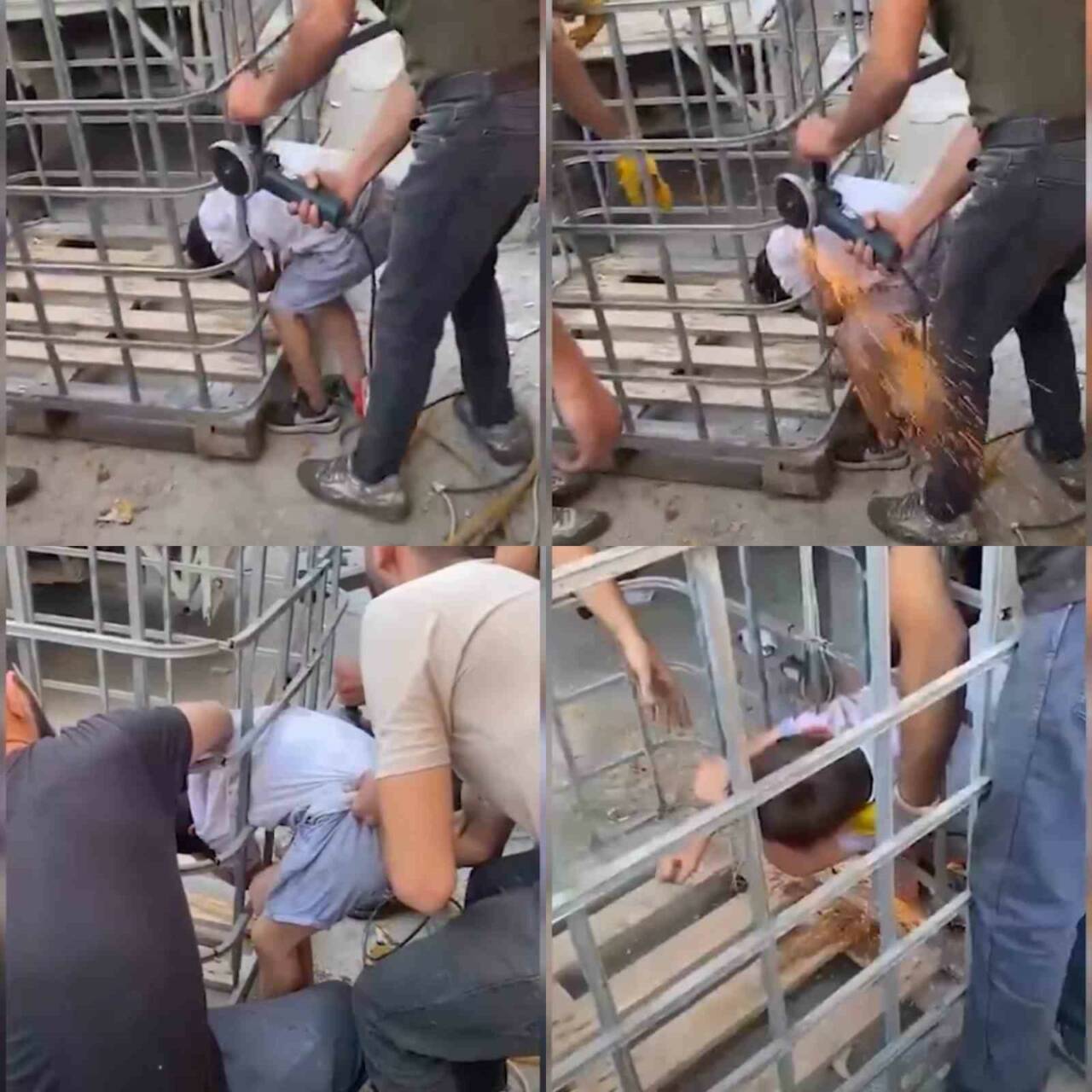 Adana’da bir iş yerinin malzeme taşıma kafesinin parmaklıklarına sıkışan çocuk,