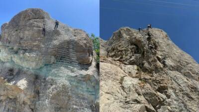 Hakkari’deki tarihi Mir Kalesi’nde, tehlike oluşturan kaya düşmelerine karşı ıslah