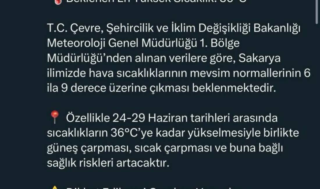Meteoroloji Genel Müdürlüğü’nün verilerine göre Sakarya’da hava sıcaklıklarının önümüzdeki günlerde