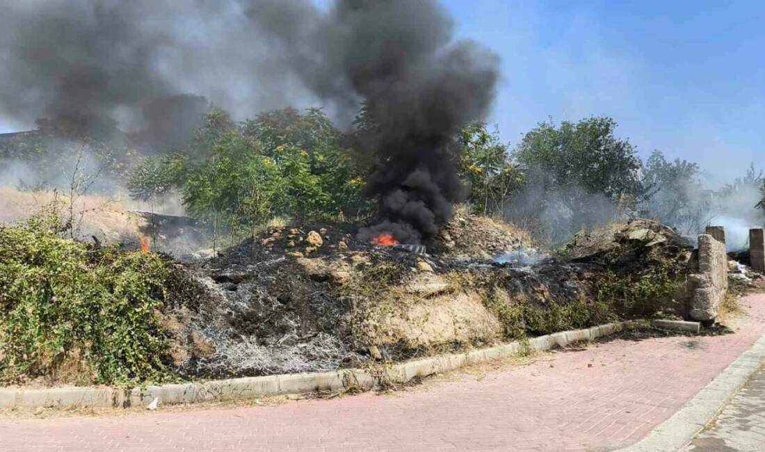 Denizli’de otlarla kaplı boş arazide çıkan örtü yangını, çevre bahçelerdeki