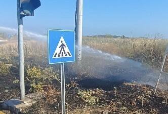 Balıkesir’in Gönen ilçesinde hastane kavşağı mevkiinde çıkan ot yangını, itfaiye
