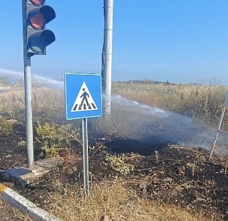 Balıkesir’in Gönen ilçesinde hastane kavşağı mevkiinde çıkan ot yangını, itfaiye
