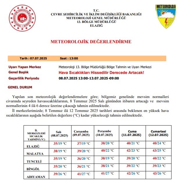 Meteoroloji 13. Bölge Müdürlüğü; Elazığ, Malatya, Bingöl, Tunceli ve Adıyaman