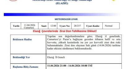 Meteoroloji 13. Bölge Müdürlüğü, Elazığ için zirai don uyarısında bulundu.